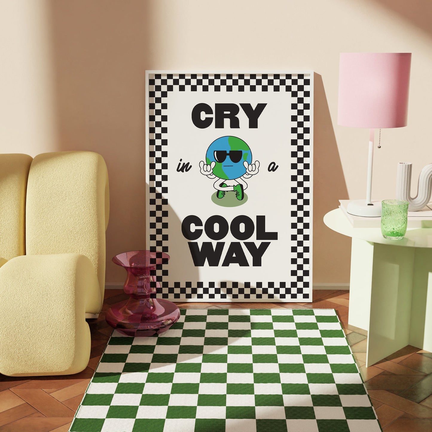 Retro Cry In A Cool Way Checkered Print